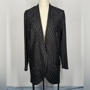 Chicos Traveler Collection Black Patterned Semi Sheer Open Front Cardigan 12/14